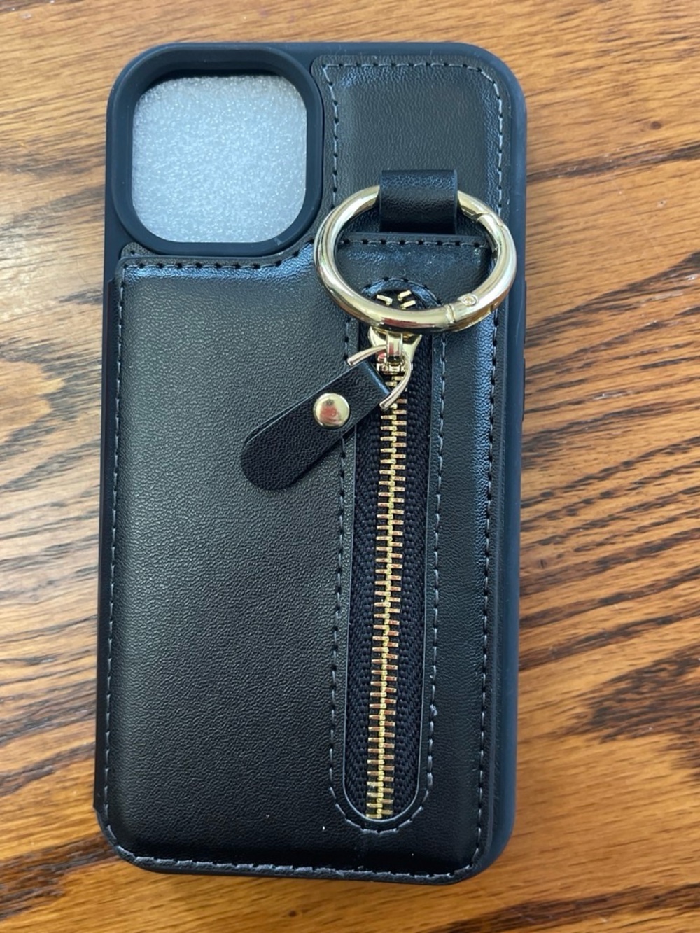 Black Leather Zipper Wallet Phone Case with Gold Ring for iPhone 13/14